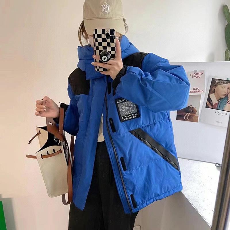 Hooded tooling down jacket women's short winter new contrasting color design sense thickened couple pie to overcome the jacket tide