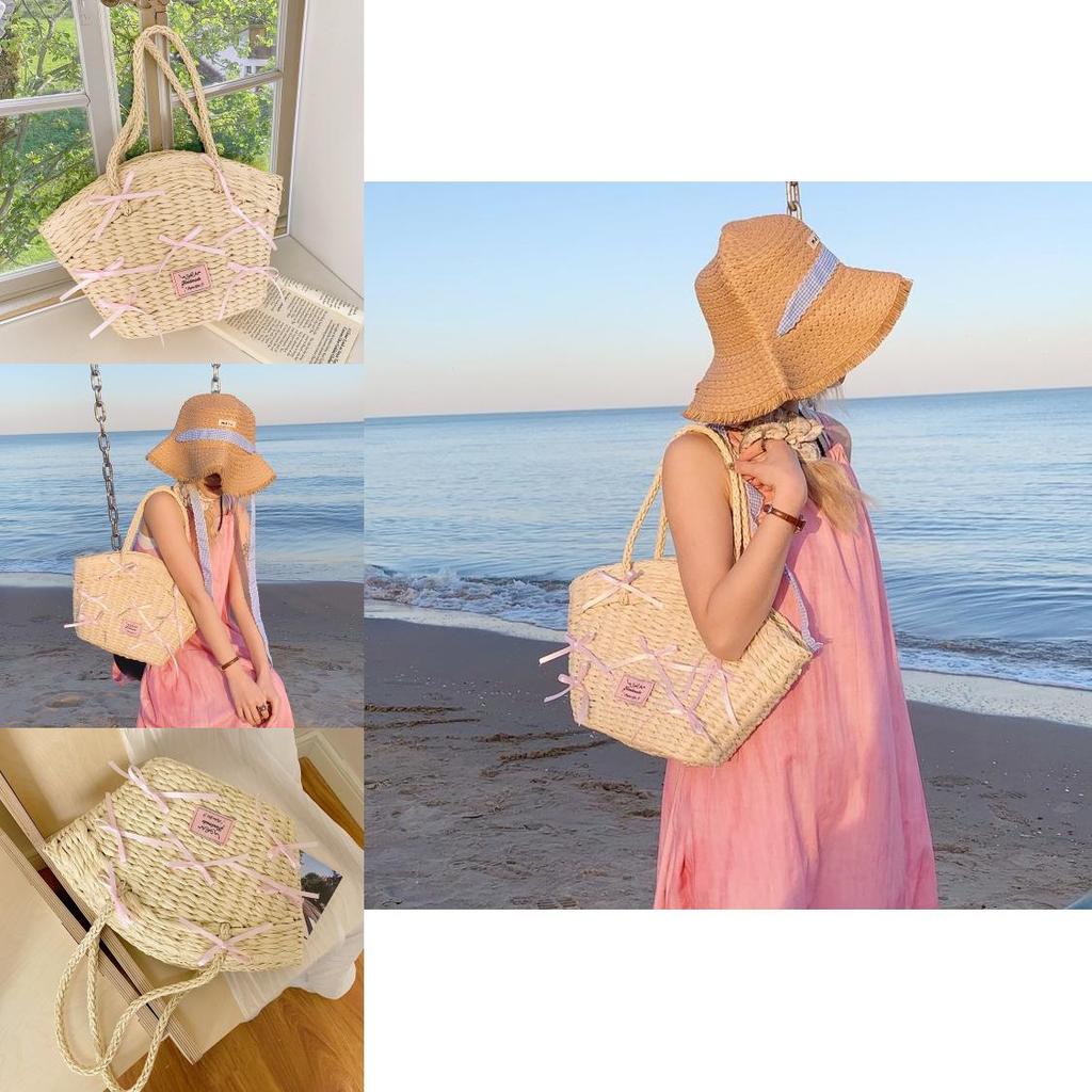 Simple Pink Bow Decoration Women Casual Grass Woven Handbag For Beach And Casual Wear