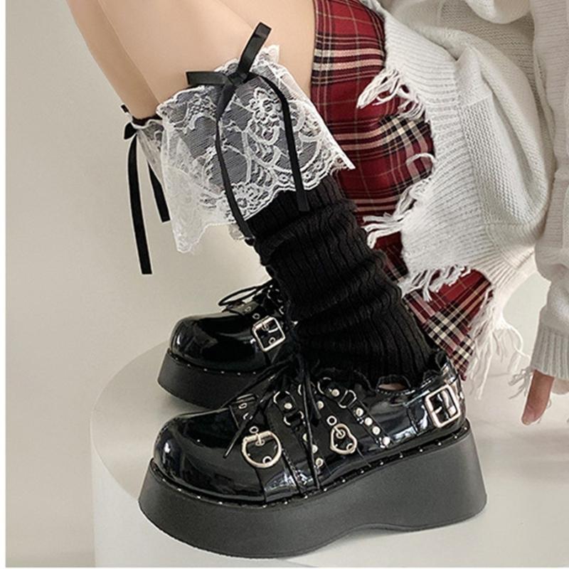 Elegant Ribbed Knit Stretch Leg Warmers Boot Cuffs Ruffled Lace Trim Bowknot Leg Cover Over Calf Long Socks for Women