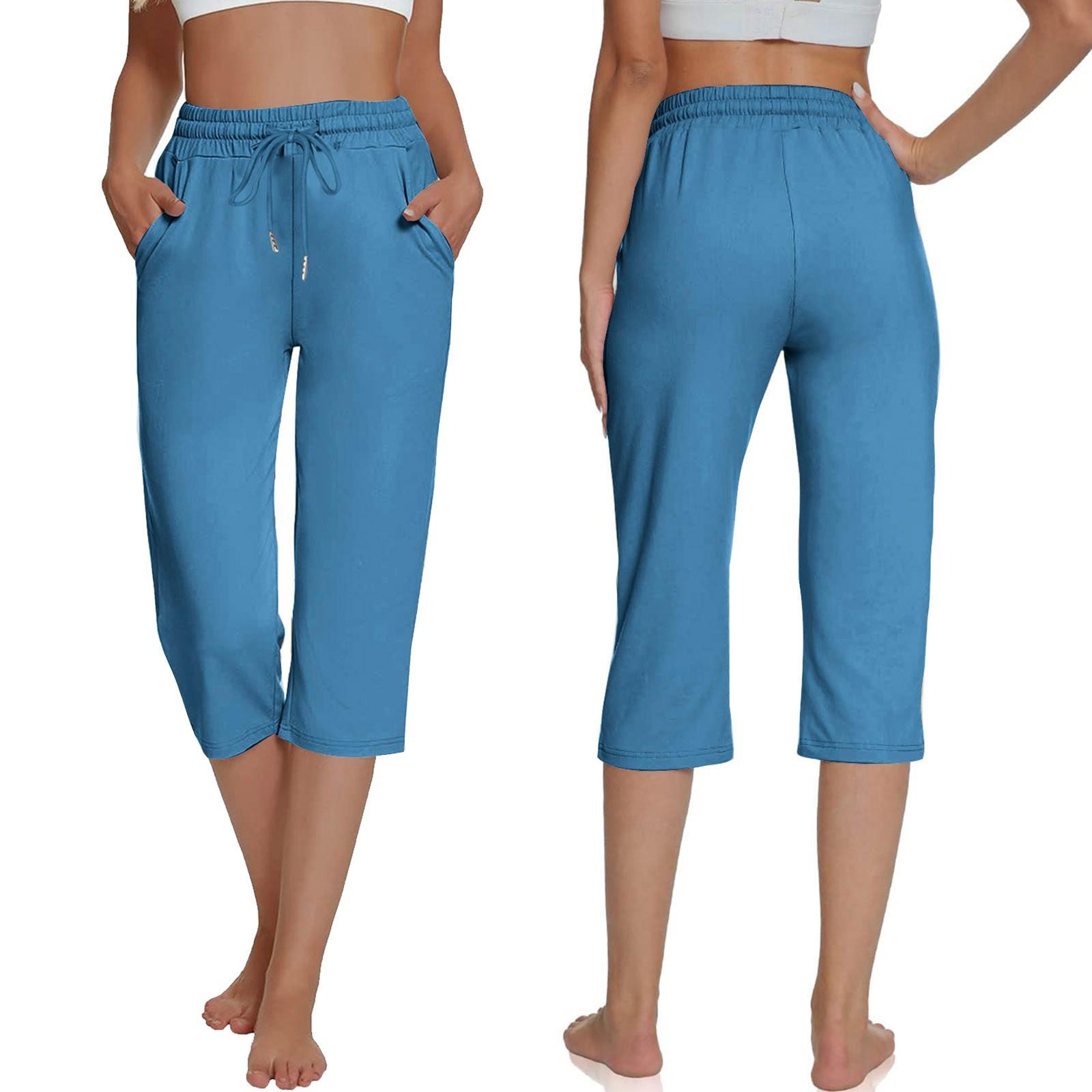 

Женские повседневные однотонные спортивные капри с карманами и прямыми штанинами, свободные укороченные брюки XL синий