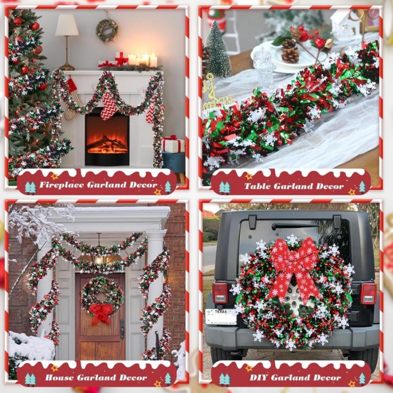 1pc Christmas Decoration Ribbon Red White Green Snowflake Party Tinsel Garland Home Store Dining Table Decoration Ornament