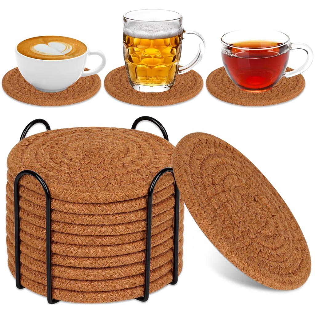 Drink Coasters with Holder, Absorbent Coasters for Coffee Table, Minimalist Cotton Woven Coaster Set for Home Decor Tabletop Protection .