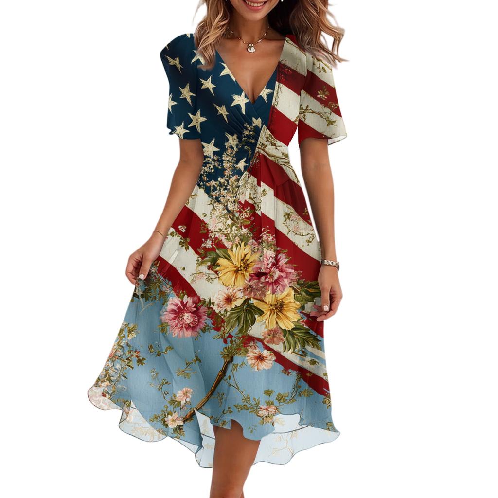 Women's Fashionable Casual V-neck Short-sleeved Independence Day Printed Dress