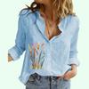 Women Fashion Cotton Linen Long Sleeve Shirt Summer&fall Floral Print Loose Top Ladies Casual Button-up Blouse