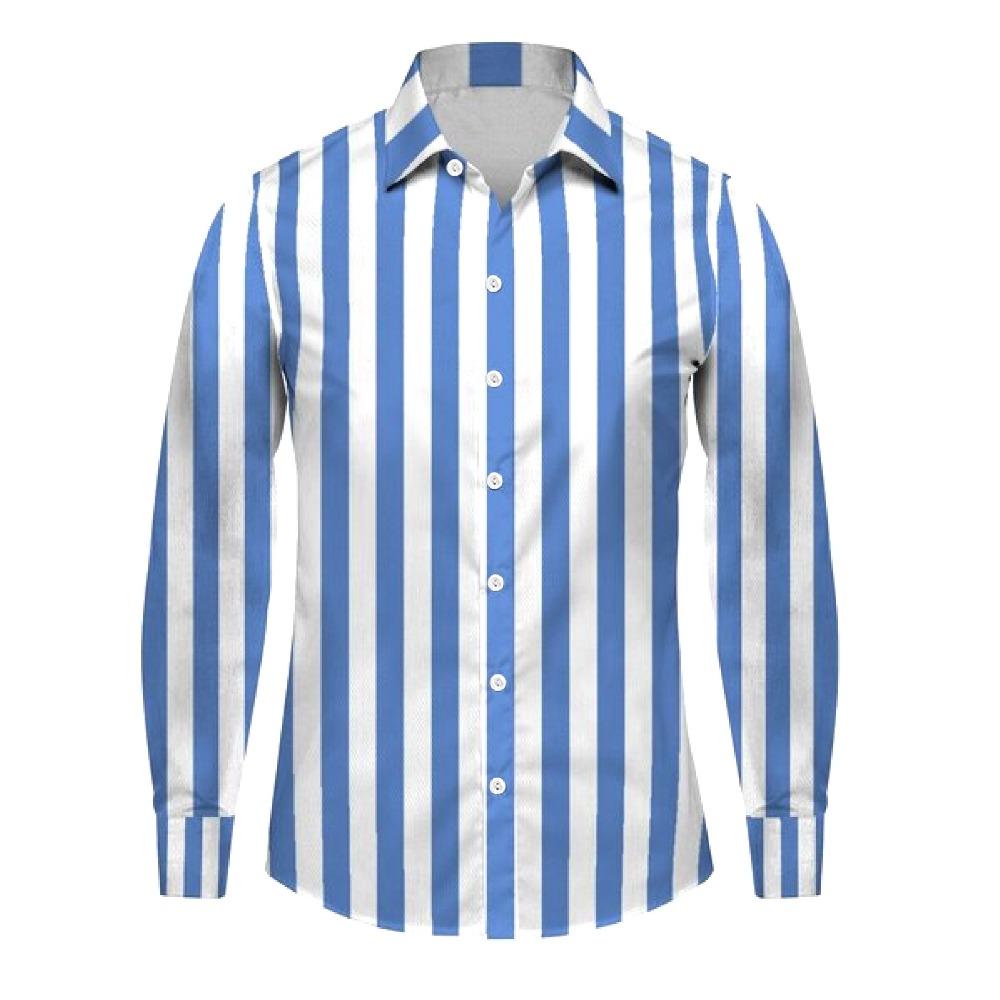 

Весна Осень Мужская Одежда Длинный Рукав Повседневная Рубашка Strpe 100% Полиэстер 2XL синий