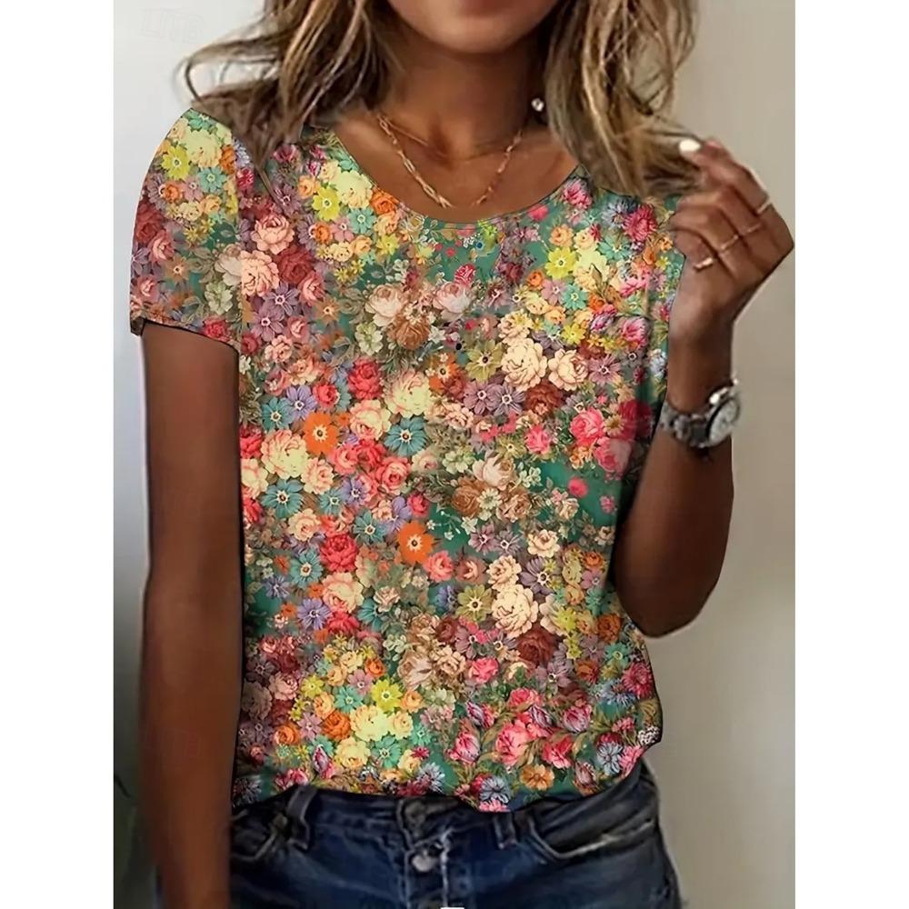Summer Fashion Women's T-Shirt Beautiful Flowers Stylish 3D Printed Casual Short Sleeved Crew Neck Tees Regular Tops