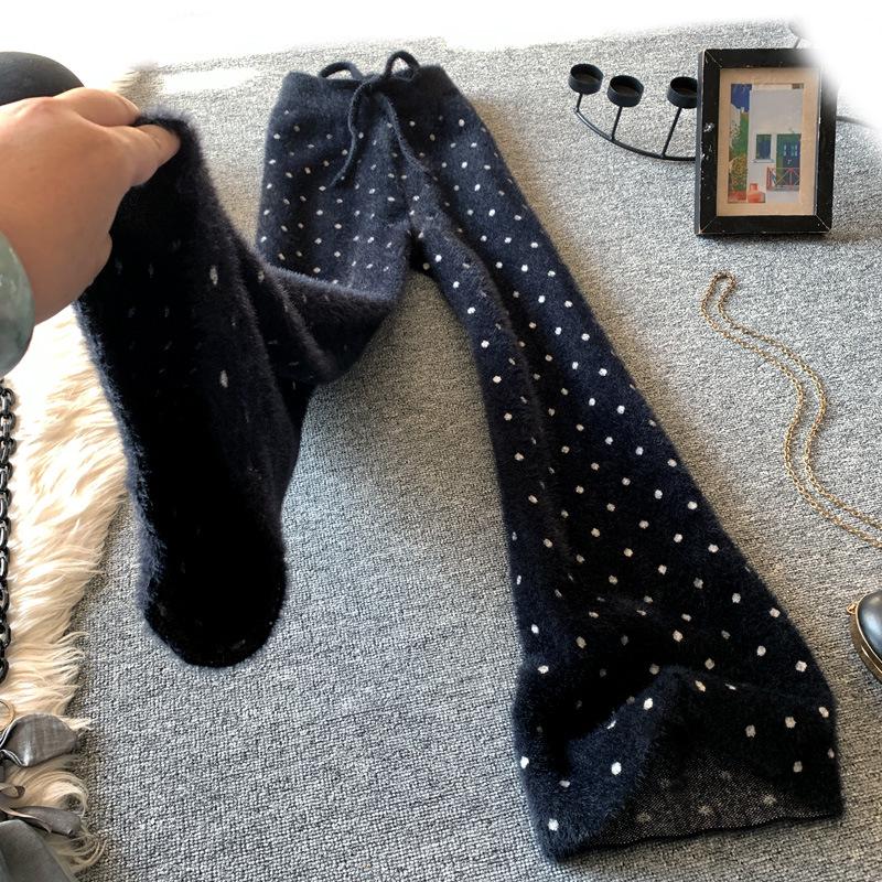 High-Waisted Tall Women s Polka Dot Velvet Wide-Leg Pants - Autumn/Winter Collection One Size чёрный