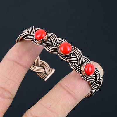 Red Coral Gemstone Handmade Pure Copper Wire Wrap Adjustable Bracelet For Women