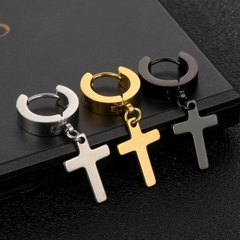 1/6pairs Stainless Steel Cross Ear Earrings for Men and Women Punk Black Cartilage Earrings Round Street Hip Hop Rock Zircon