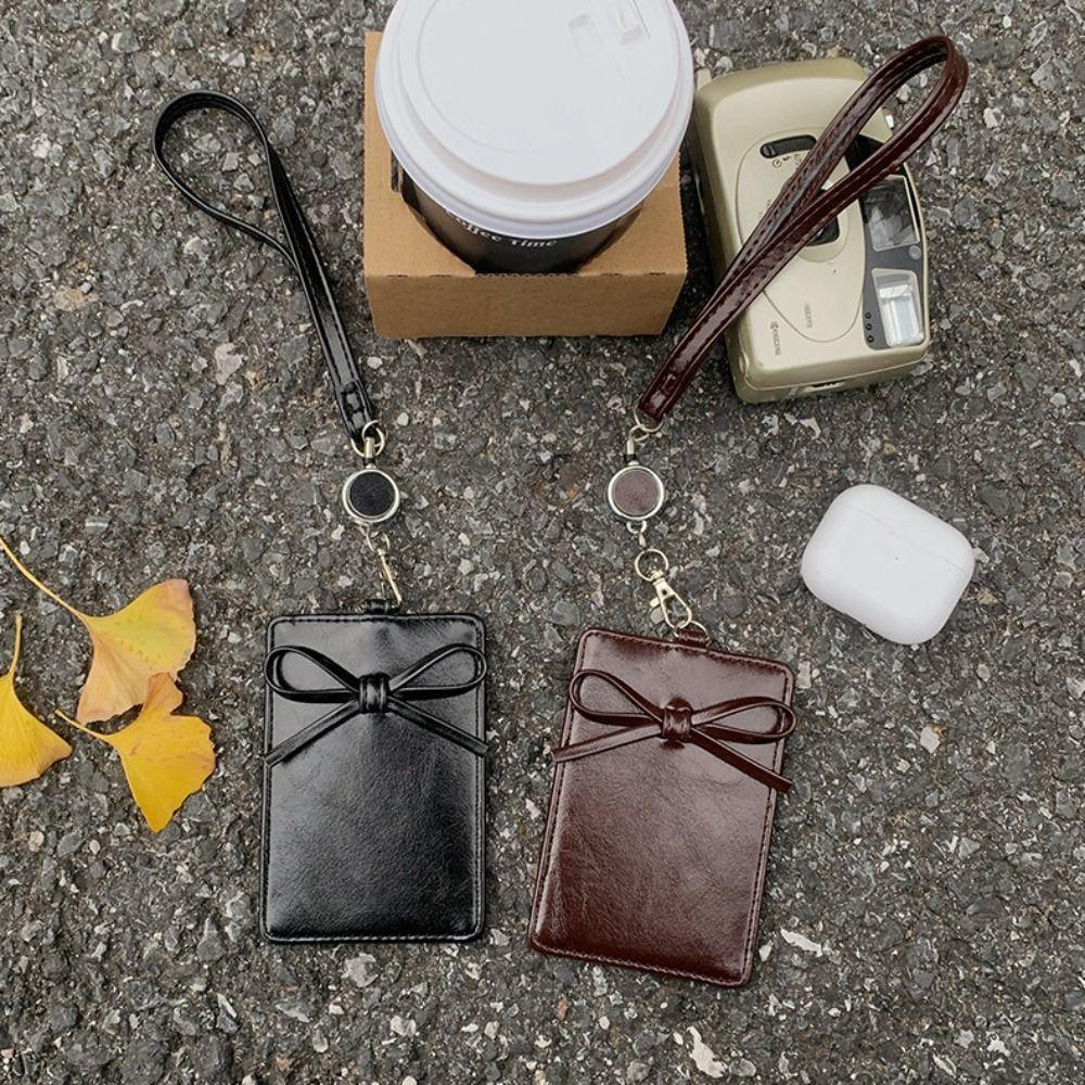 Retractable Bow Leather Card Holder PU Leather Bus ID Holders Work Card Cover Men Women