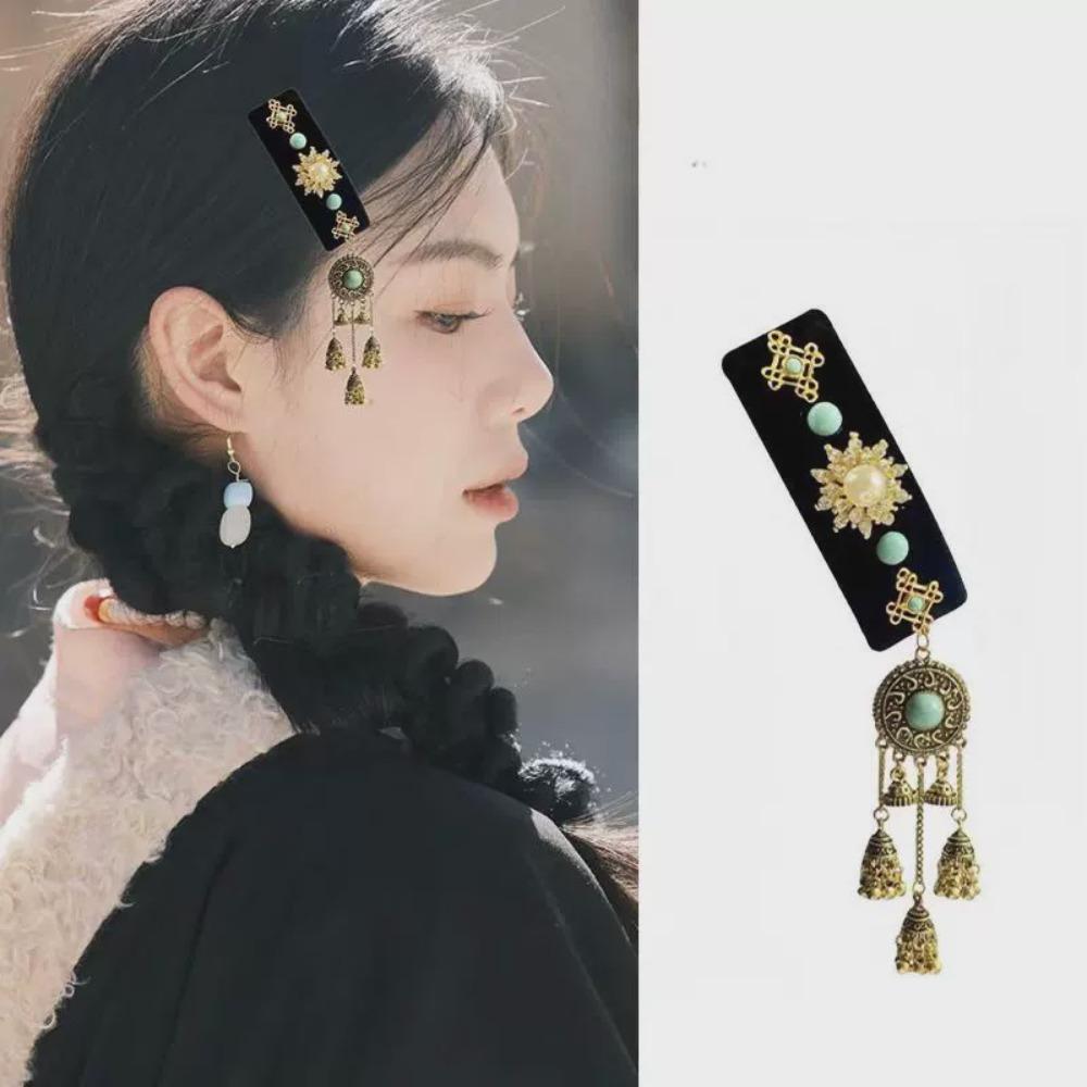 Square Ethnic Style Side Clip Rhinestone Bangs Hairpin Exquisite Tassel Hair Clip  Girls