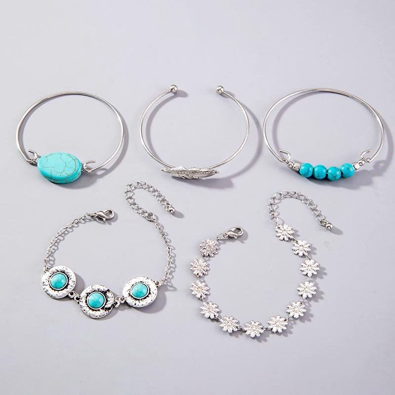 Boho Bransoletka z Turkusowymi Liśćmi dla Kobiecej Biżuterii, Etniczny Zestaw Bransoletek z Kwiatami