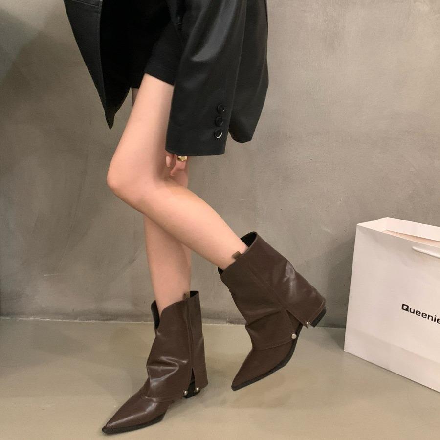 Boots Short Boots Women's Shoes Spring and Autumn 2024 New Summer Brown Western Cowboy Coarse Heel Pointed Pants Boots