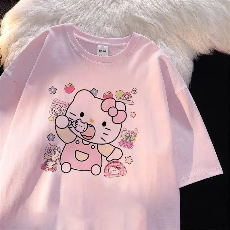 

Sanrios 2026 Summer New Collection HelloKitt Graffiti Cartoon Print Pure Cotton Breathable Womens ShortSleeved TShirt S