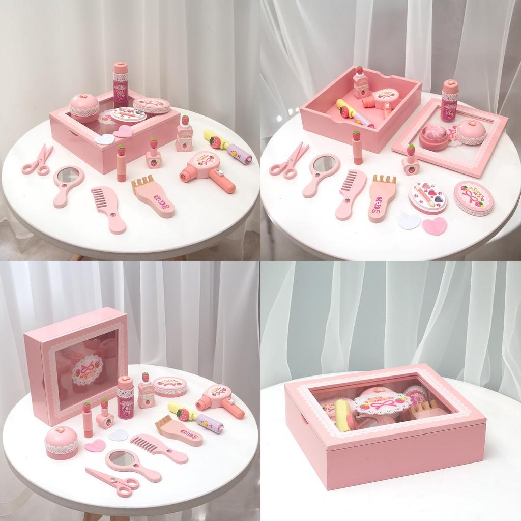 Play Wooden Makeup Box Pink Design Children Educational Development Toys Gift