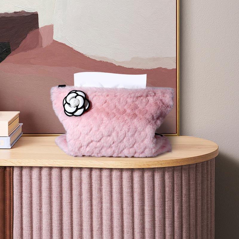 Camellia Love Plush Car Tissue Box - Hanging Armrest & Center Console Decor.