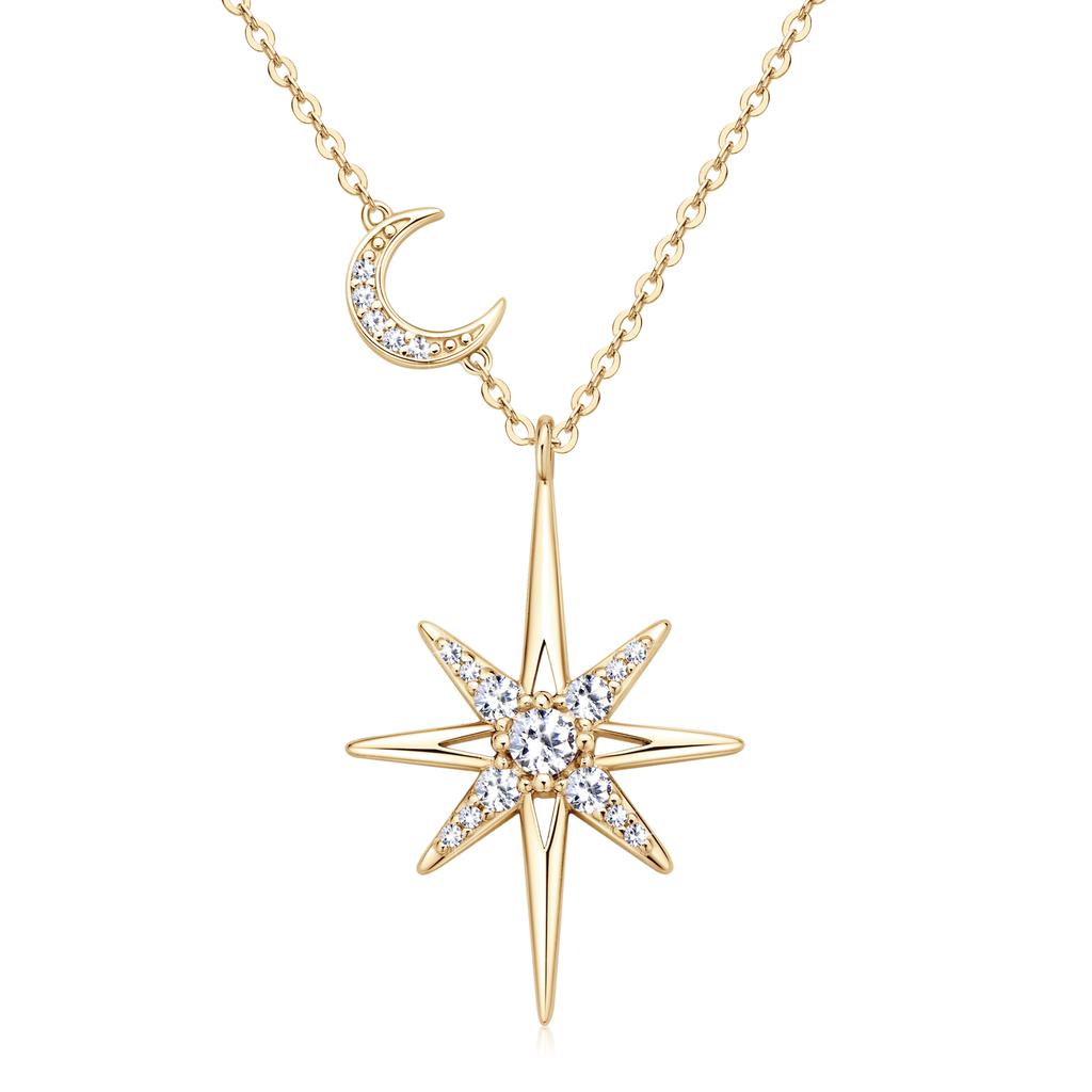 Silver Full Moissanite Necklace for Women 18K Gold Plated Star&Moon Pendant Necklace Choker Chain Fine Jewelry Gifts