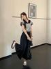 Women's Summer 2025 French Wave Color Block Knit Top with Short Sleeves and Doll Collar