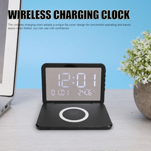 Réveil numérique à chargement sans fil confortable, horloge électronique miroir LED avec couvercle rabattable, charge rapide 15W, luminosité réglable, pour chambre à coucher (Bl