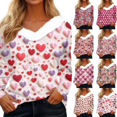 Damen T-Shirt mit Aufdruck „Valentine Love“ und V-Ausschnitt, langärmelig, lässig, lockeres Oberteil