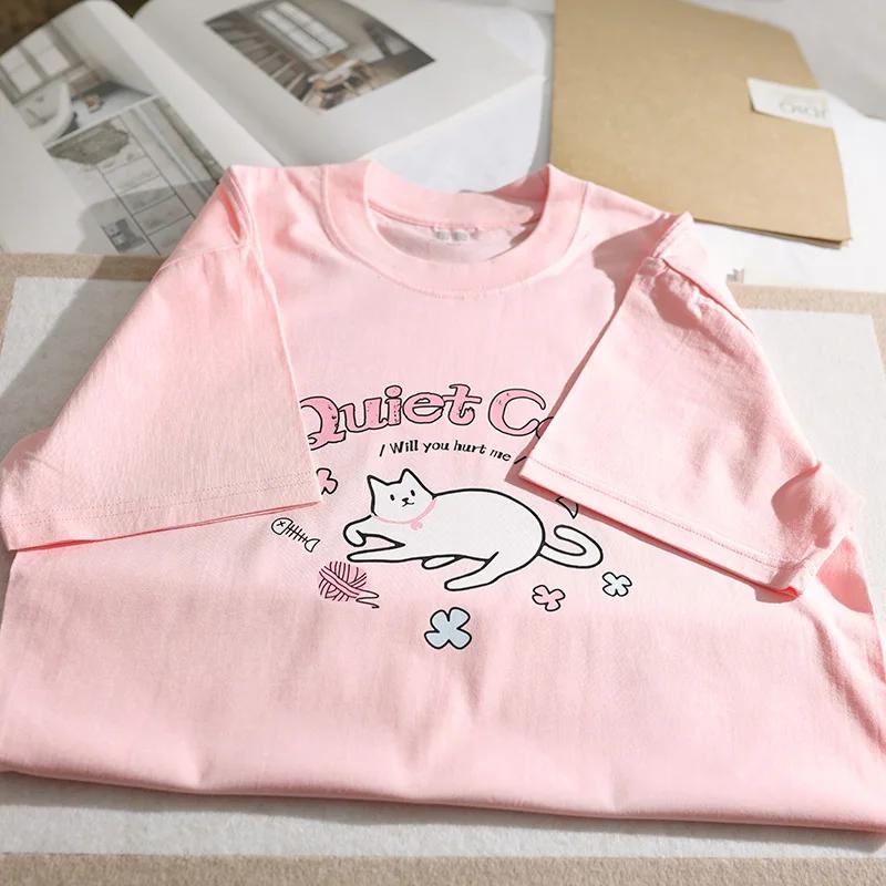 American Retro Cartoon Cat T-shirt For Men Women Short Sleeved Summer Loose Fitting Student Pure Cotton Couple Half Sleeved Top