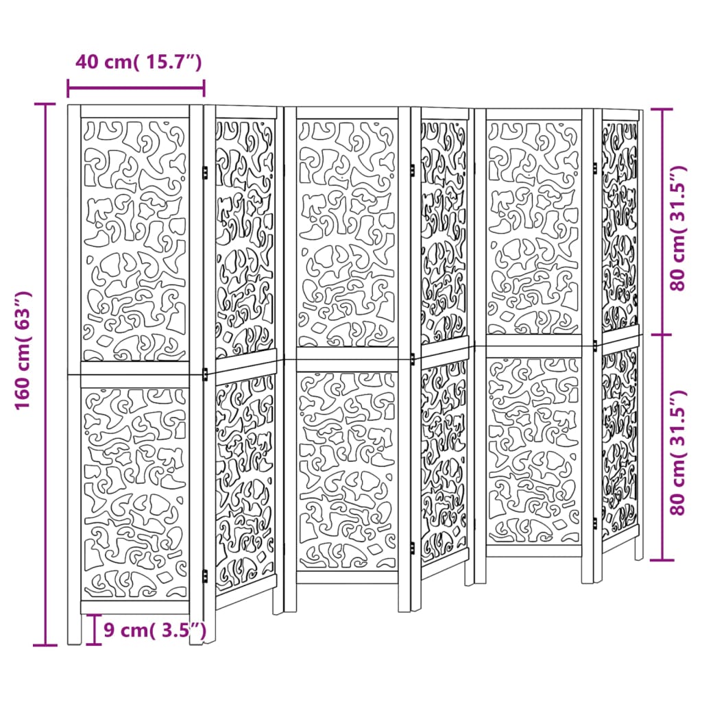 6 Piece Black Folding Screen Solid Paulownia Wood