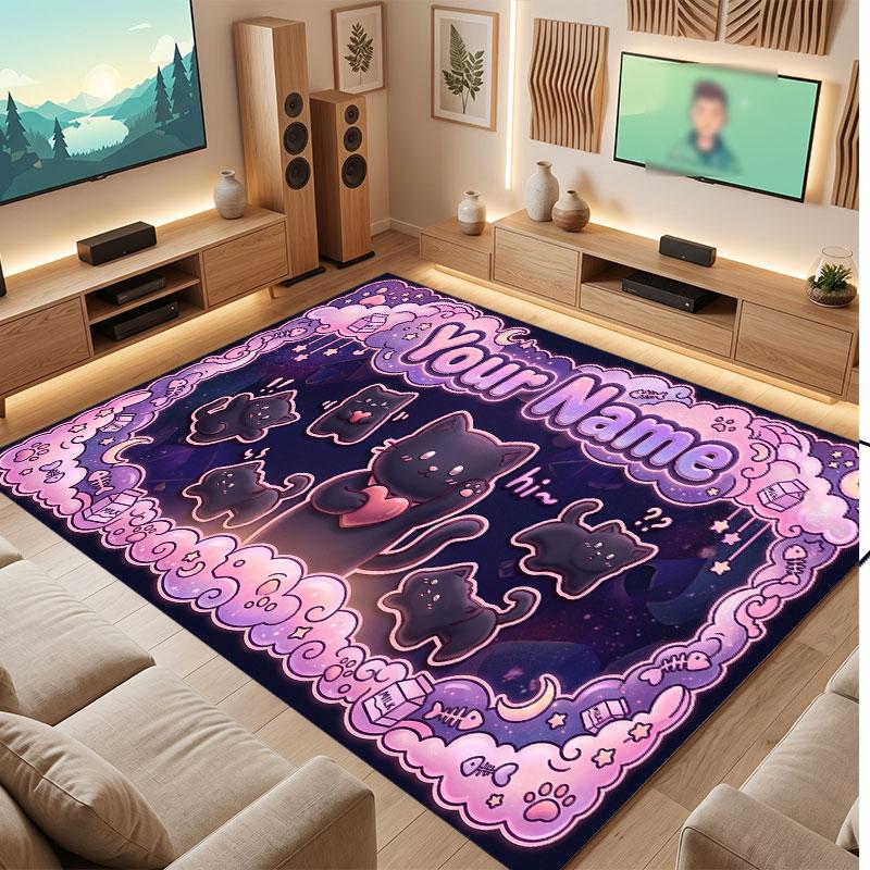 Cat Theme Crystal Velvet Floor Rug Personalized Custom Name Text Warm Carpet Home Decoration