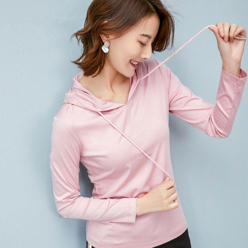 Maglietta Pullover a Maniche Lunghe da Donna Primavera Tinta Unita Sezione Sottile Felpa Casual con Cappuccio Quotidiana