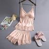 Women's Satin Pajamas Set Lace Cami Top And Shorts Two Piece Sleepwear with Built-in Bra Sexy Camisole Lounge Set