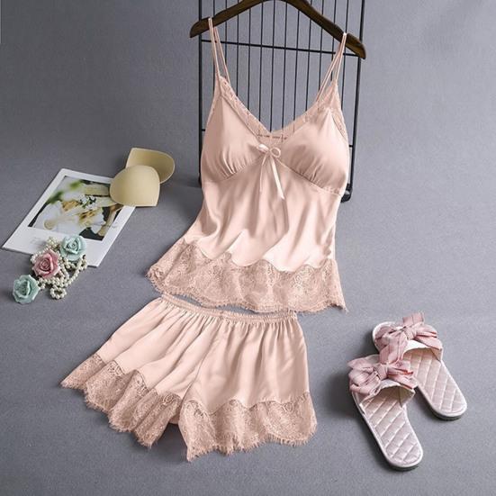 Women's Satin Pajamas Set Lace Cami Top And Shorts Two Piece Sleepwear with Built-in Bra Sexy Camisole Lounge Set