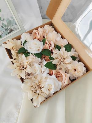 Artificial Flower Box Artificial Gradient Color Flower Leaf with Stems Flowers Combo Box Set for DIY Wedding Bouquets Centerpieces Party Home Decor