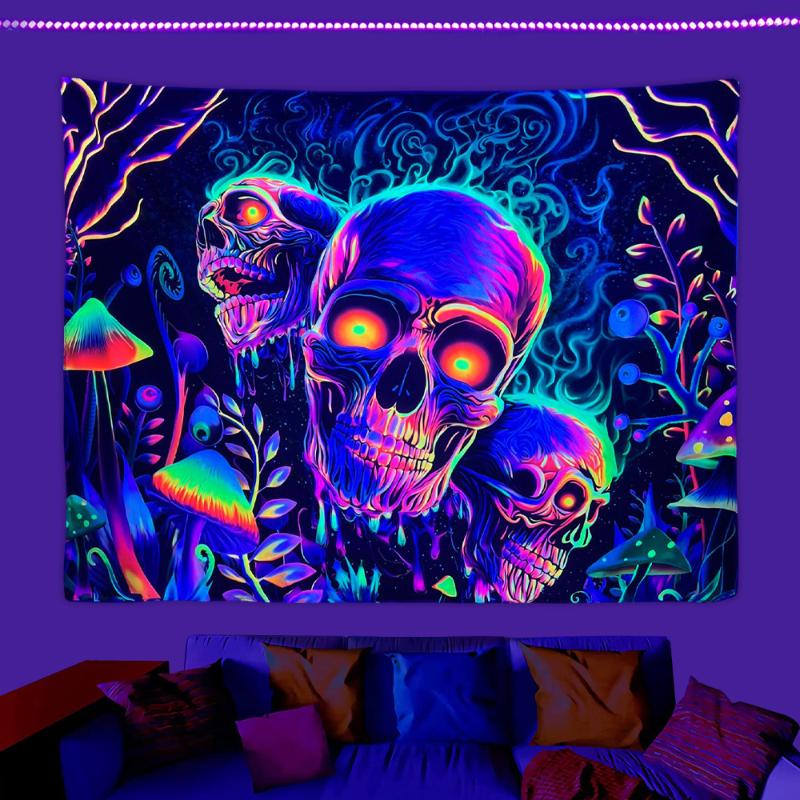 1pc Skeleton flower fluorescent tapestry, UV tapestry, plant mushroom tapestry, bedroom aesthetic decoration wall hanging