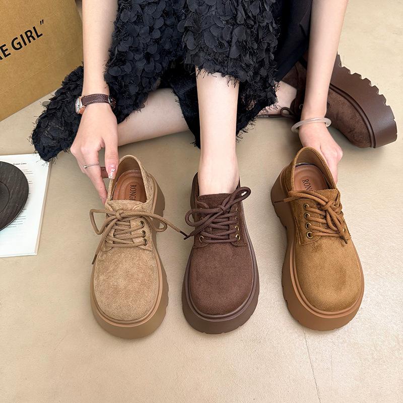 British Style Retro Lace-up Platform Loafers Women's Autumn 2025 New Small Versatile Frosted Leather Shoes
