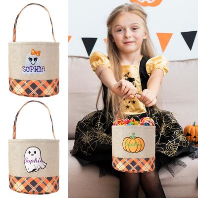 1pcs Kids Halloween Candy Bag Storage Basket Imitation Linen Plaid Fabric Design Portable Decoration Halloween Candy Bag