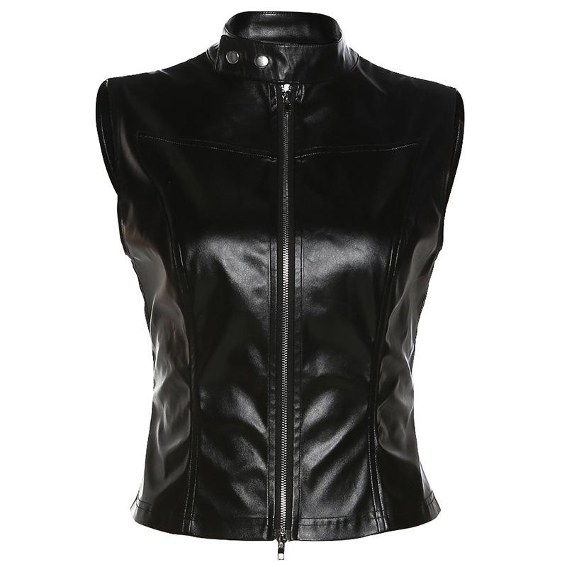 European and American style spring and summer new women's clothing fashion stand-up collar sexy backless slim navel PU small vest women
