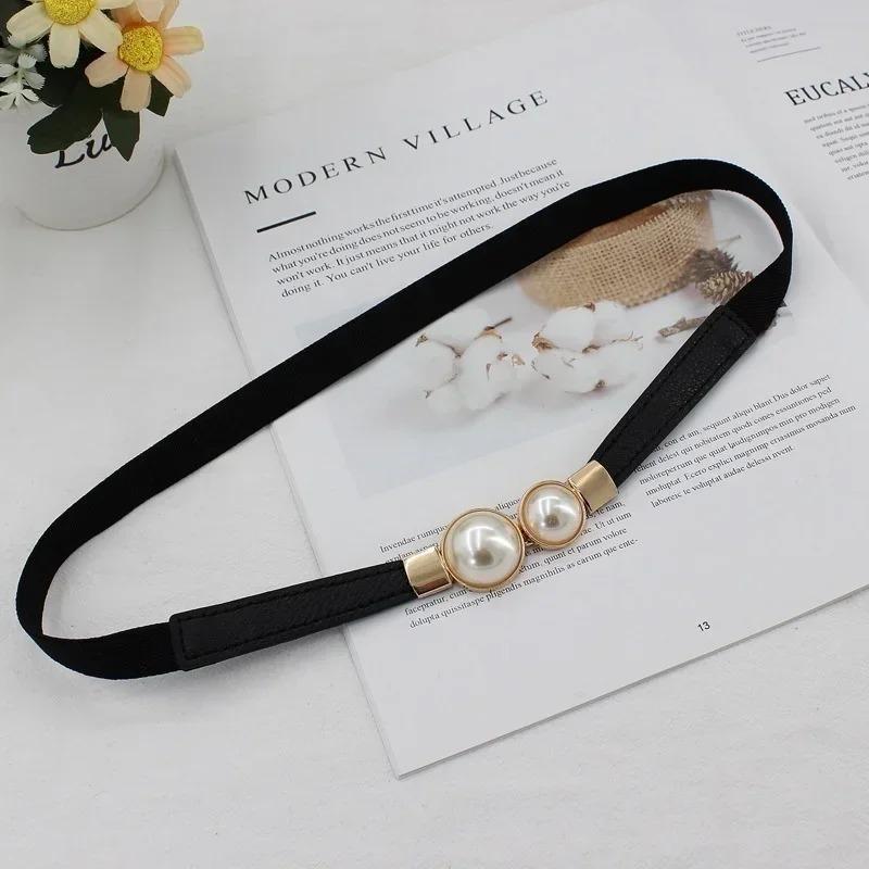 Elegant Double Pearls Buckle Elastic Women Belts Thin Straps Lady Girl Dress Skirt Decor Waistbands Trouser Dress Decoration
