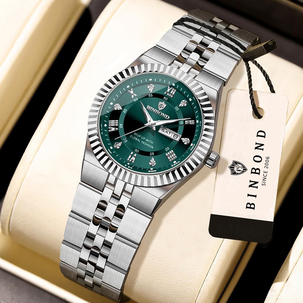 BINBOND Precise Quartz Watches For Men Week Display Auto Date Stainless Steel Luminous Waterproof Men's Watch Luxury Reloj