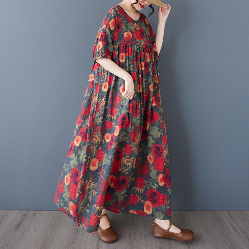 DIMANAF 2025 Summer Women Plus Size Vintage Dress Floral Short Sleeve Casual Basic New Printing Loose Long Dress