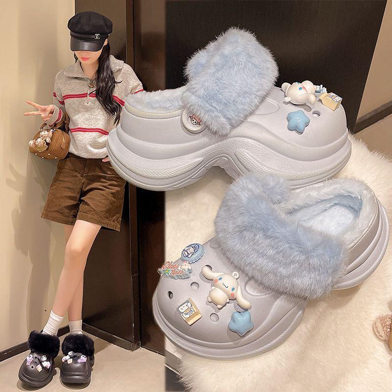 Wear Heightening Non-slip Fluffy Cotton Slippers 2025 Autumn and Winter New Cute Cartoon Velvet Thick-soled Hole Shoes for Women