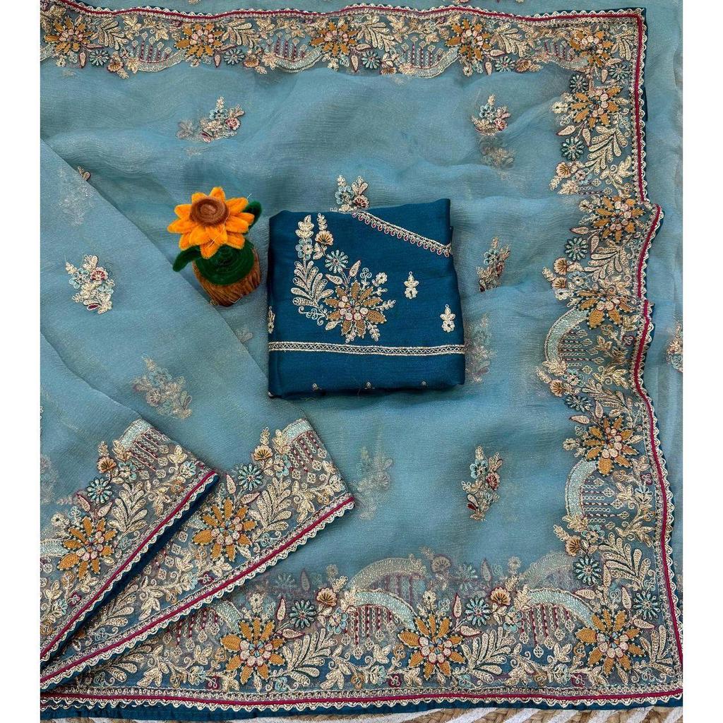 Premium soft zippy silk with c pallu multi thread and zari embroidery work with readymade lace and piping border