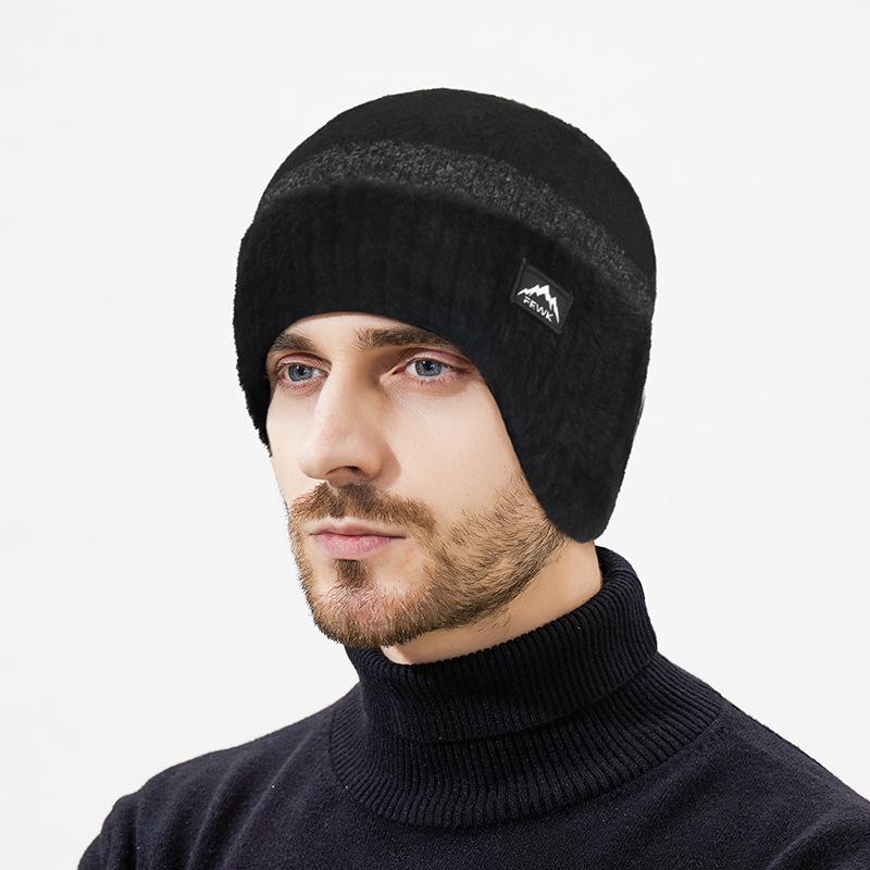 Winter Wool Warm Color-Matching Ear Protection Knitted Hat Men's Outdoor Cold-Proof Velvet Neck Set Two-Piece Wool Hat