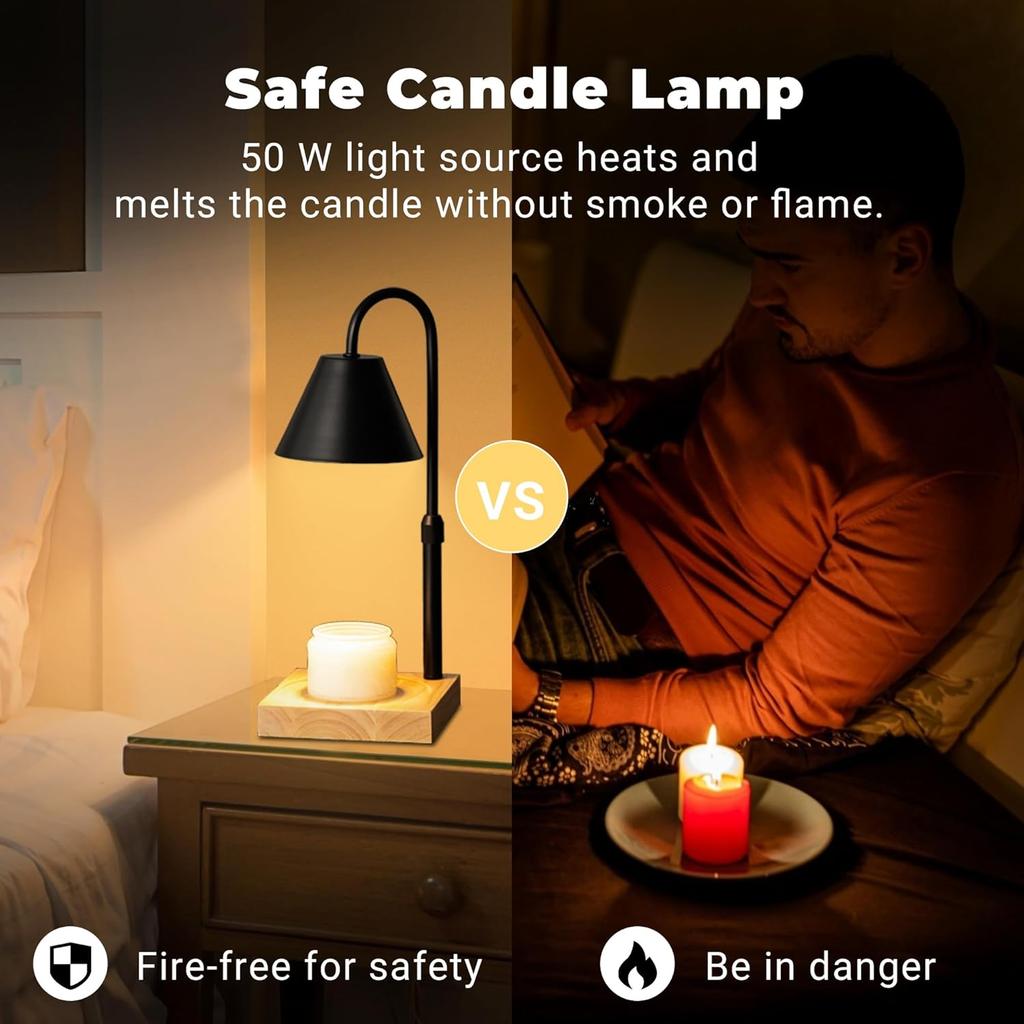 Black Dimmable Candle Warmer Lamp, Adjustable Height, Timer, Wooden Base, for Scented Wax with 2 Bulbs