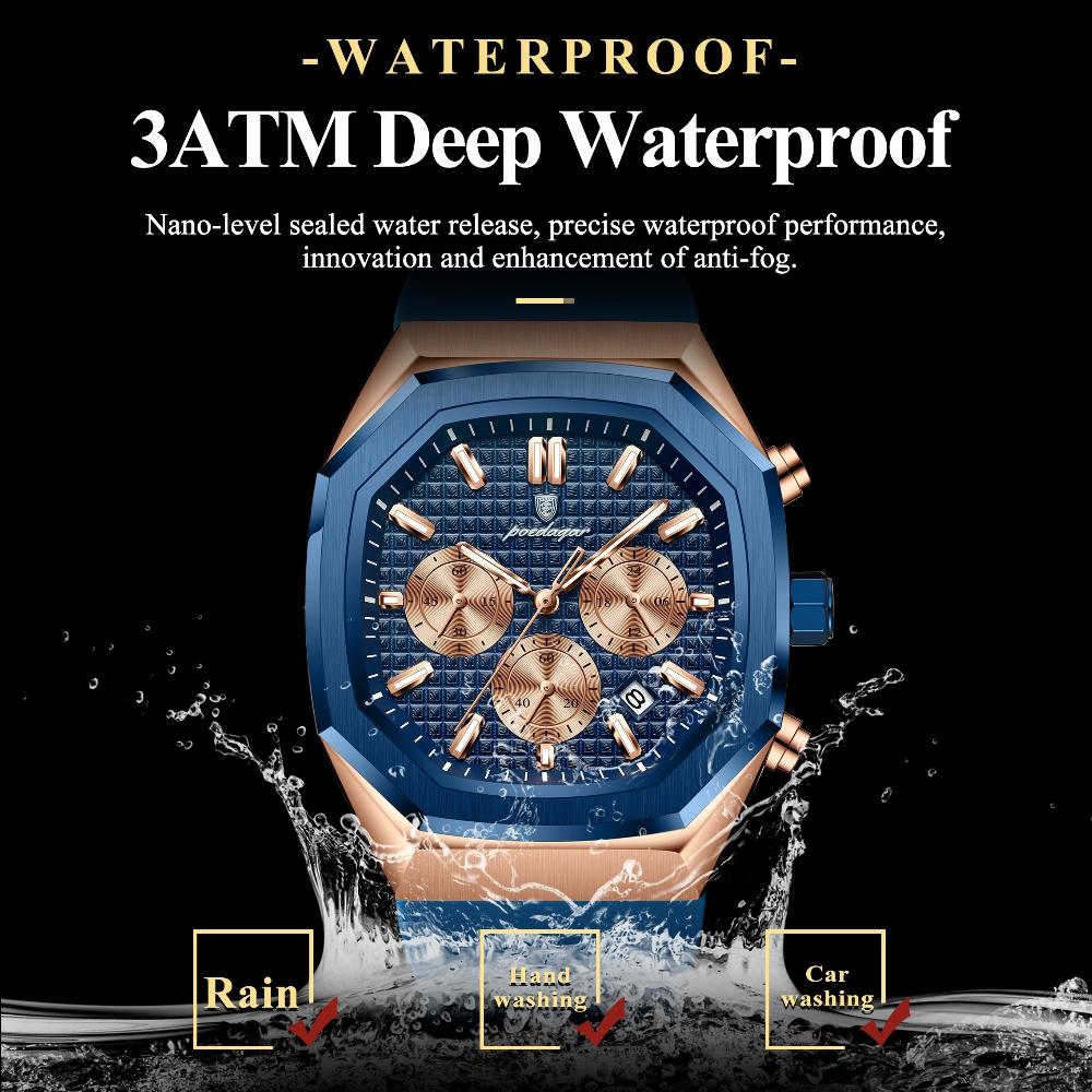 POEDAGAR Functional Watch for Men Date Chronograph Luminous Waterproof Silicone Classic Male Watch Quartz Original Watches