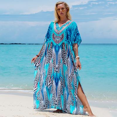 Printed Turkish Robe Bat Sleeve Summer Tunic Plus Size Swimwear Cover Up For Women's Swimwear Blue Kaftan Dresses
