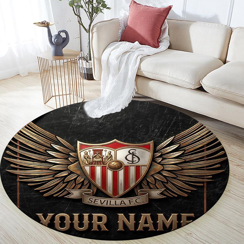 Custom Name Sevilla FC Round Area Rug,Carpet Rug for Living Room Bedroom Sofa Playroom Decor,Non-slip Floor Mat