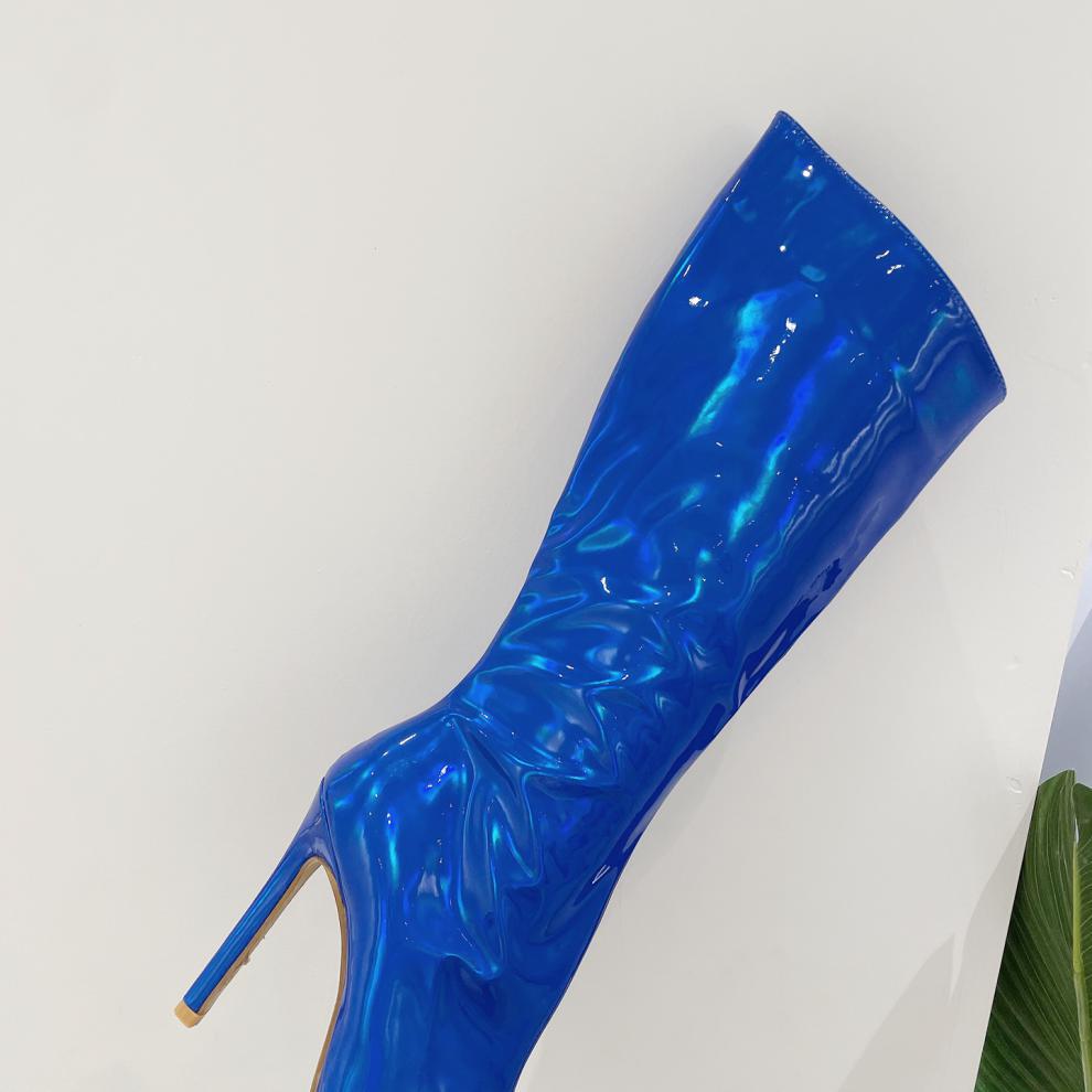 Fashion Street Style Pointed Toe Women Knee-High Boots Mirror Patent Leather Strippers Sexy Runway Party Stiletto High Heel Shoes