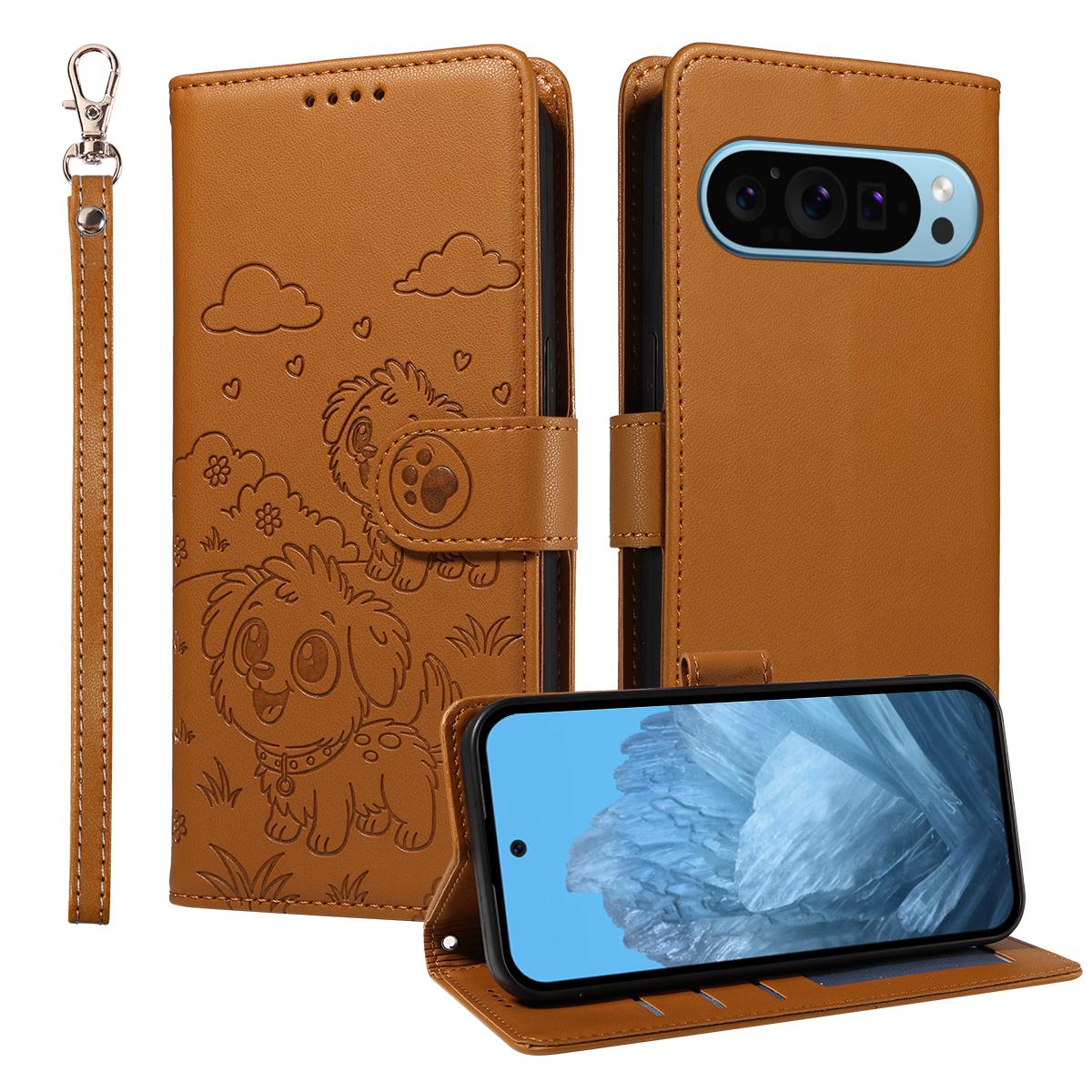 

For Google Pixel 10 Pro XL/Google Pixel 9 Pro XL Case RFID Blocking Imprinted Dog Pattern PU Leather Phone Cover with Wrist Strap Brown