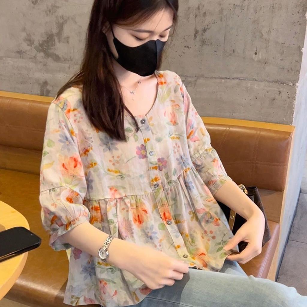 Retro Cotton and Linen Blouse Women Summer 2025 New Style Loose Lantern Sleeves Cardigan Printed Short-sleeved Top