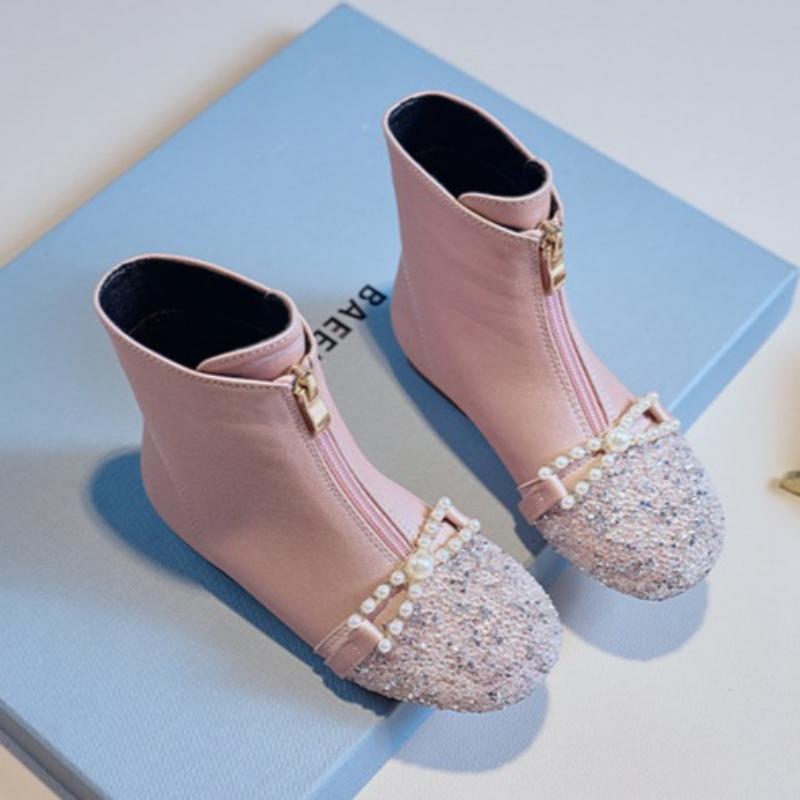 Girls Boots Children's Spring and Autumn Single Boots Baby Boots Winter Plus Velvet Performance Princess Crystal Short Boots