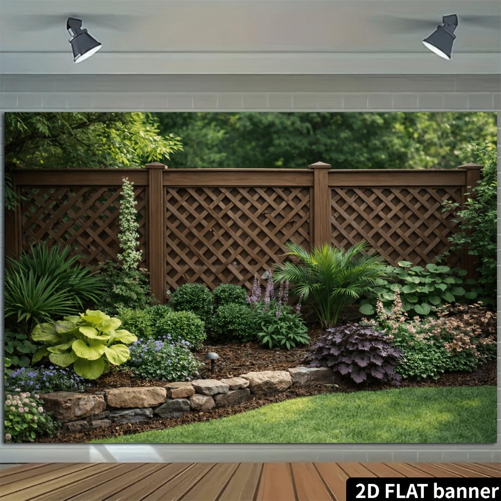 2D Flat Courtyard Landscape Banner Background Quiet Private Courtyard Theme  Grid Fence  Diverse Green Plants and Flowers